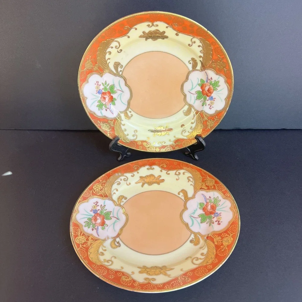 Antique 1920s Moriyama Mori Machi Japan Dessert Plates Raised Gold Gilt Set 2